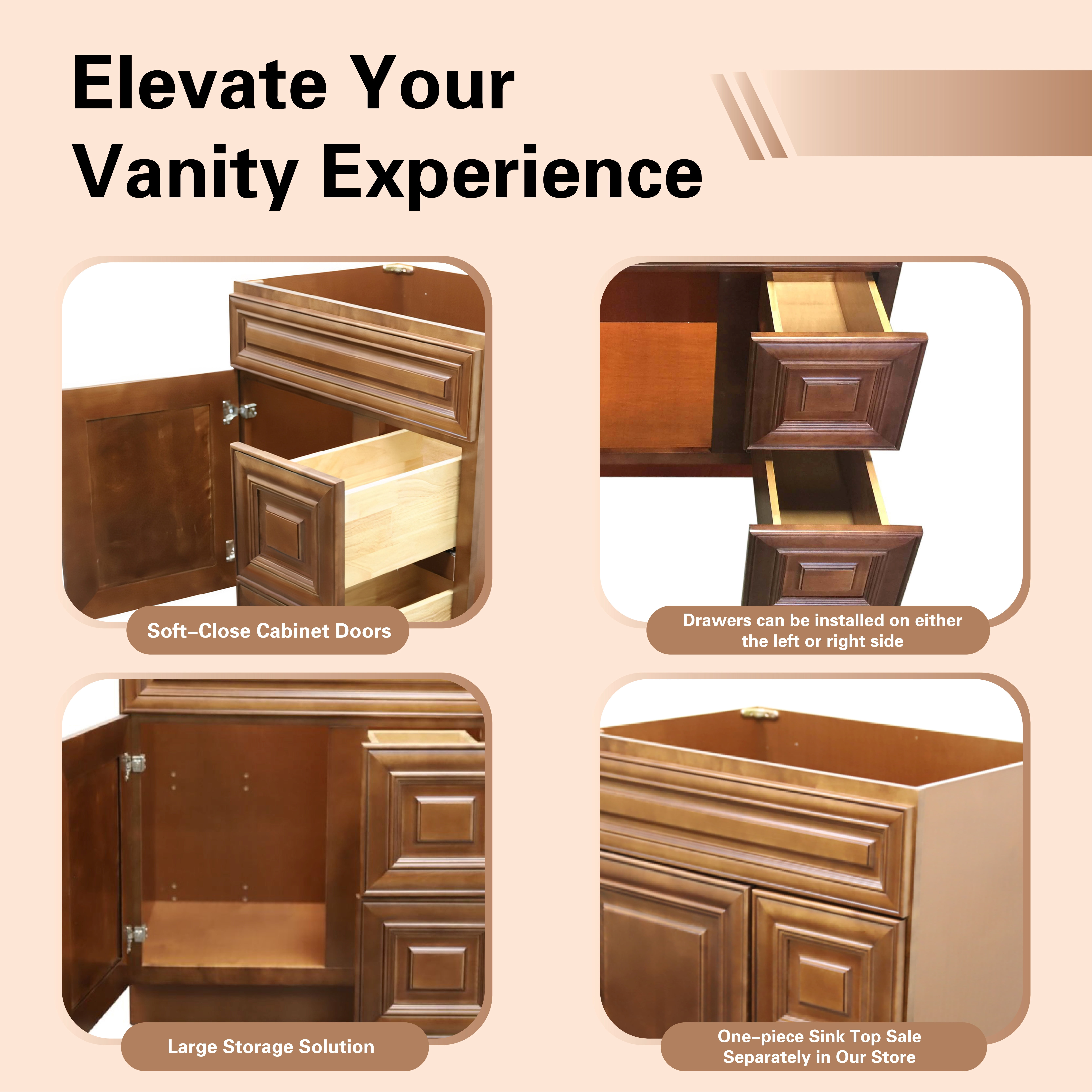 30" Shaker Bathroom Vanity Sink Base with Drawers (Ready-to-Assemble), Maple Walnut Vanity Base