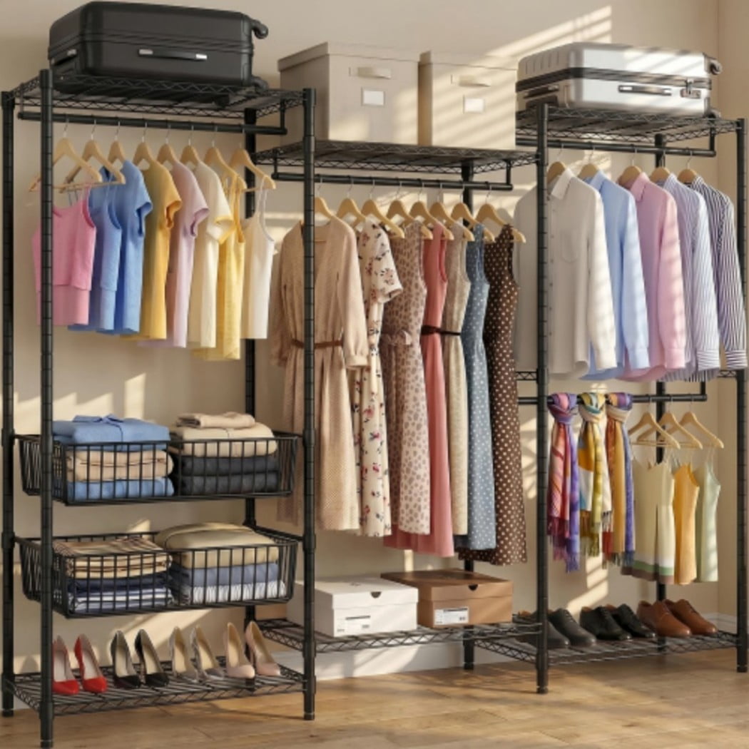 Heavy Duty Clothes Rack, Freestanding Garment Rack with 4 Hanging Rods, 6 Adjustable Wire Shelves & 2 Storage Baskets, Large Clothing Organizer, 68.5" W, Black
