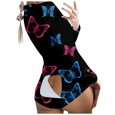 

YUEHAO Pajamas For Women Women s Button-down Butterfly Print Functional Buttoned Flap Adults Jumpsuit (Blue)