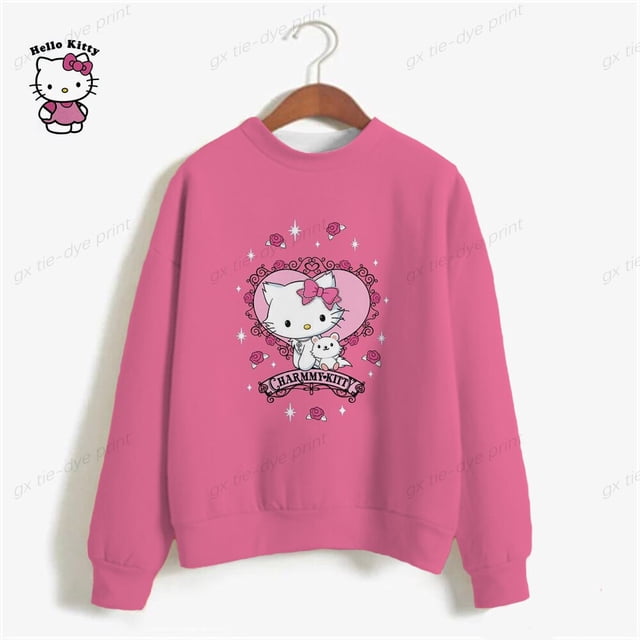 Sudadera con capucha de HELLO KITTY para mujer, suéter sencillo de cuello redondo que combina con todo, de manga larga, holgado, informal, para estudiantes, Otoño, 2023
