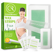 Charmonic Wax Strips 70 Count for Body & Face, At Home Waxing Kit for Eyebrow Leg Facial Bikini Hair Removal for Women (2 Sizes 70 Strips+ 4 Wipes)