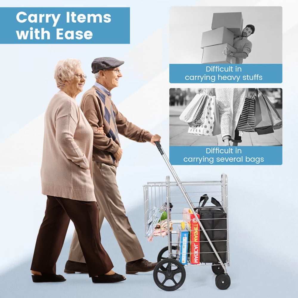 Barara King Outdoor Utility Carts,Folding Shopping Cart for Laundry with Swiveling Wheels and Dual Storage Baskets-Sliver