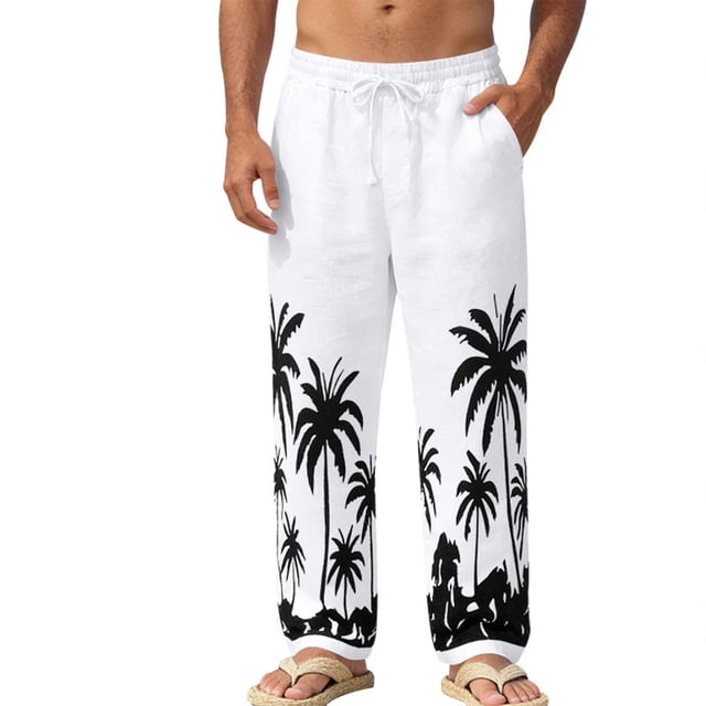 Pantalones Casuales Relajados de Ajuste de la Playa Hawaiana Estirado de la Cintura con Cordón Impreso Pantalones de Lino Recto de Longitud Completa