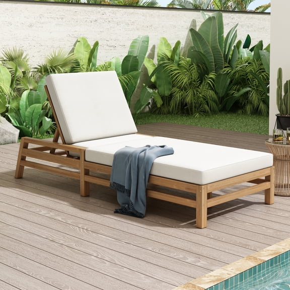 Solid Wood Outdoor Chaise Lounge Chair with 5-Position Adjustment & Thick Cushions, Weather Resistant Patio Recliner for Yard Poolside,Light Teak