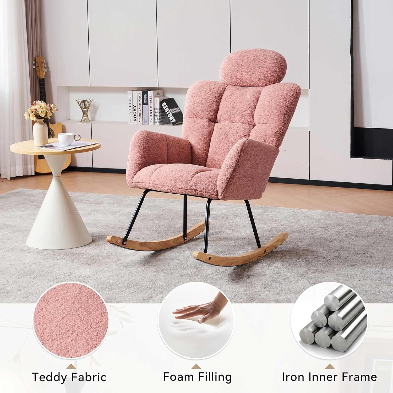 Nursery Rocking Chair - Teddy Fabric Upholstered Glider Rocking Chair with High Backrest & Pillow for Living Room & Bedroom - Easy Assembly Wood/Metal Base (Ivory)