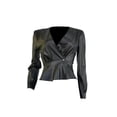 thumbnail image 3 of Seyurigaoka Women Flocking Leather Jacket Long Sleeve V-Neck Button Fashion Coat, 3 of 6