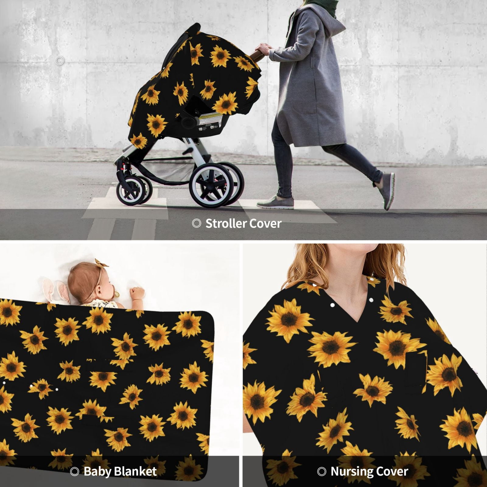 Car Seat Cover Baby - cute sunflowers black print Breathable Infant Car Seat Cover for Baby Carseat, Lightweight Comfort Baby Essentials Must Haves Newborn Stuff for Girl Boy