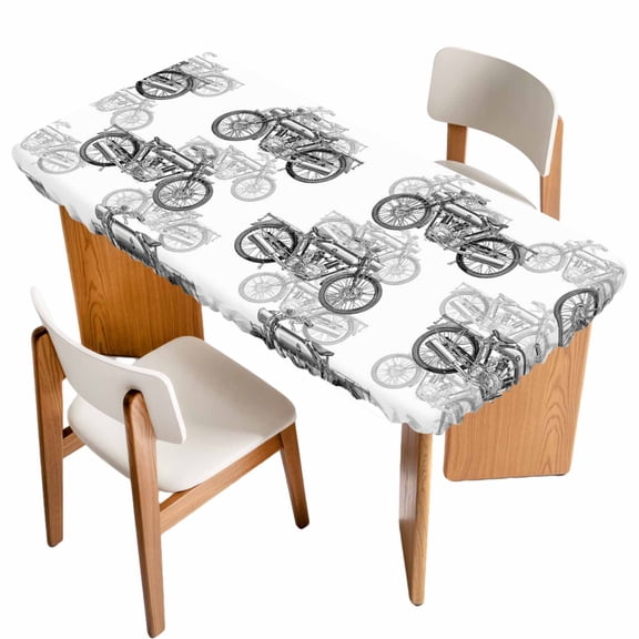 Black White Motorcycles Table Cloths for 6 Foot Rectangle Tables, Modern Hand-Painted Vehicles Patio Waterproof Elastic Fitted Tablecloths, Washable Rectangular Table Cover for Camping