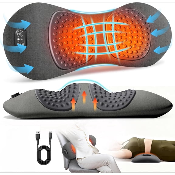 3 in 1 Back Massager, Electric Lumbar Support Pillow with Heating, Vibration & Traction Functions for Back Stretching, Relieves Lower Back Pain