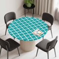 thumbnail image 2 of Round Fitted Tablecloth with Elastic Edge, Teal Morocco Waterproof Table Cloth Table Cover for 45"-54" Tables, Ethnic Boho Minimalist Abstract Geometric Tablecloths for Dining Picnic Party Outdoor, 2 of 9