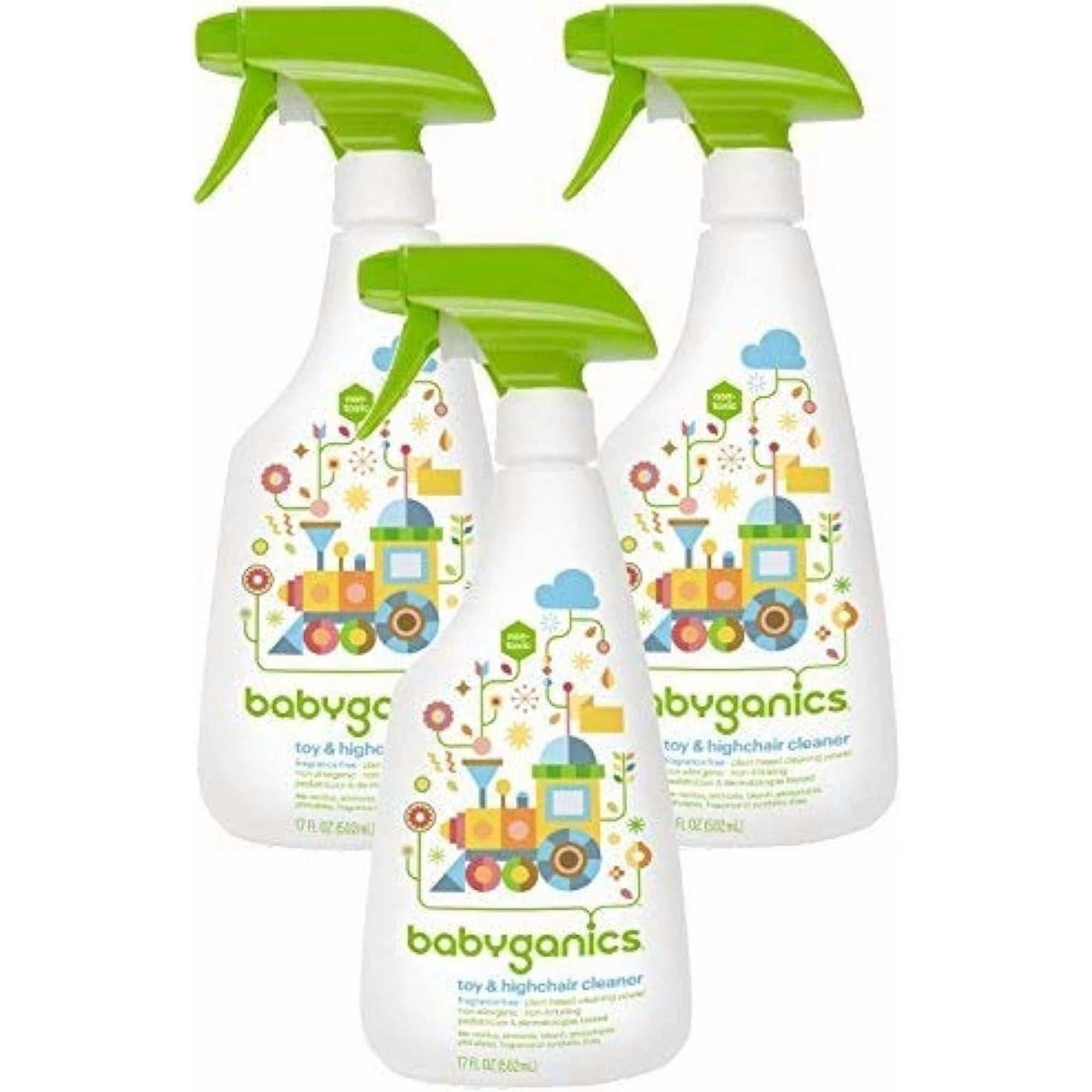 Babyganics Toy & Highchair Cleaner, Pack of 3, Fragrance-Free Multipurpose Household Cleaning Spray for Kids Toys, High Chair, and More, Child Safe, 17oz Spray Bottles