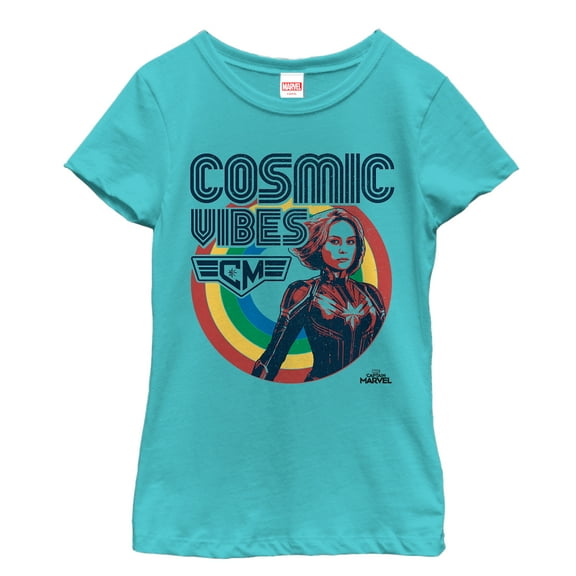 Girl's Marvel Captain Marvel Rainbow Cosmic Vibes  Graphic Tee Tahiti Blue X Large