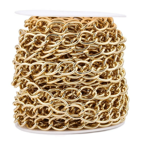 1roll Aluminium Curb Chains Unwelded with Spool Golden 15x10x2mm about 32.81 Feet(10m)/Roll