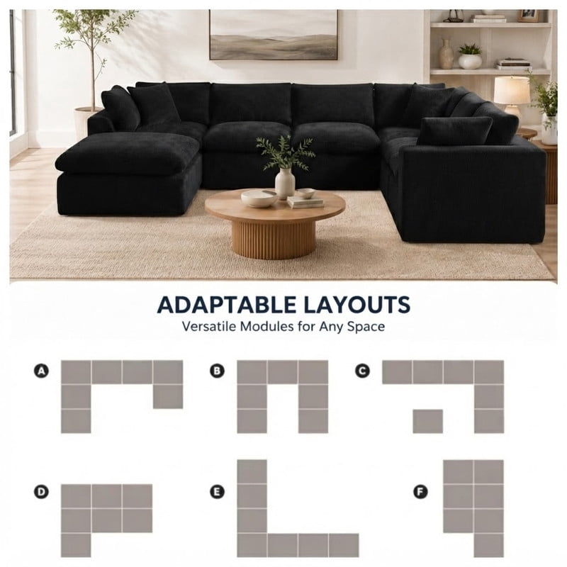 Oversized U-Shaped Sectional Sofa with Ottoman, 7-Seater Modular Chenille Cloud Couch, Deep Seat Frameless Sofa for Living Room, Apartment, Office