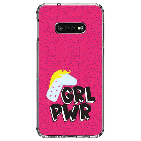 DistinctInk Clear Shockproof Hybrid Case for Samsung Galaxy S10e (5.8" Screen) - TPU Bumper, Acrylic Back, Tempered Glass Screen Protector - Girl Power - GRL PWR - Unicorn Pink Background