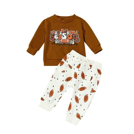 

MissiMae Baby Boys Pants Set Long Sleeve Crew Neck Letters Print Sweatshirt with Rugby Print Sweatpants Infant Clothes