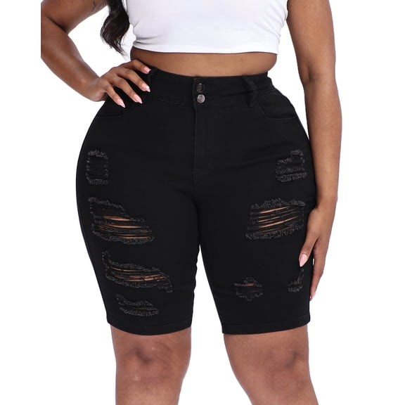Gocolloa Women Plus Size Jean Shorts Stretchy High Waisted 10" Inseam Knee Length Denim Bermuda Shorts Black 18W