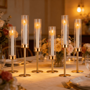 Nuptio Gold Taper Candlestick Holders, Set of 6 with Hurricane Glass