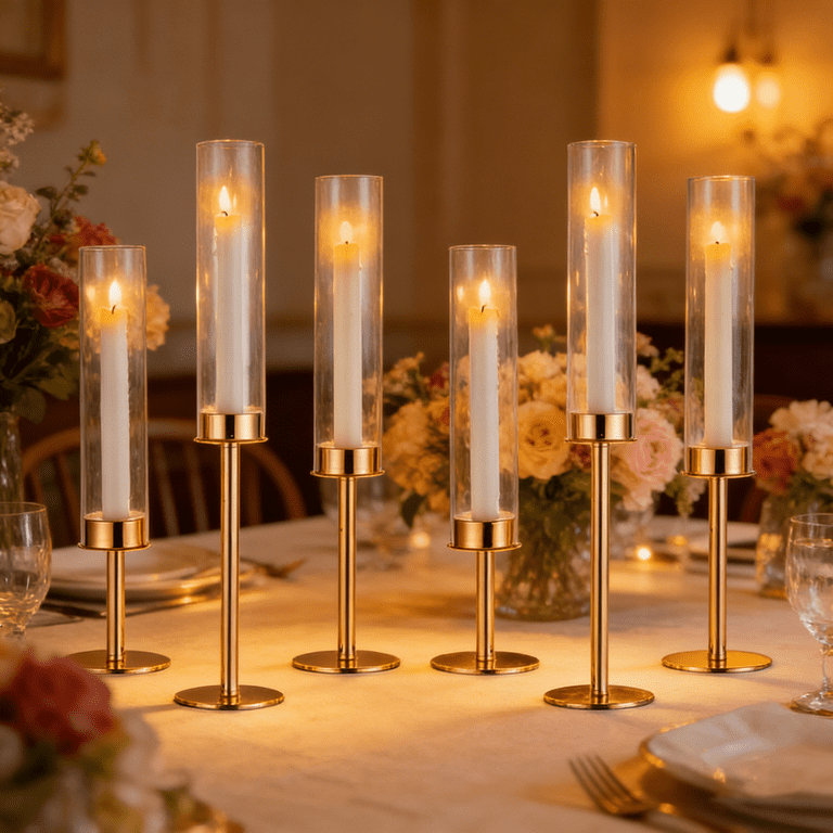 Nuptio Gold Taper Candlestick Holders, Set of 6 with Hurricane Glass photo 1