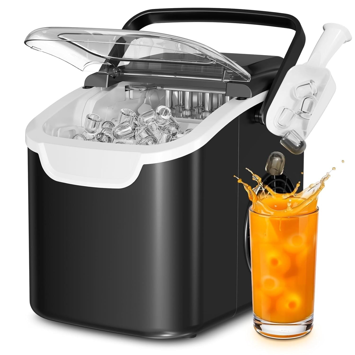 Countertop Ice Maker Machine, 8 Cubes in 6 Mins, 26.5 lbs/Day, Self-Cleaning, 2 Sizes, for Home/Kitchen/Camping/RV， Black