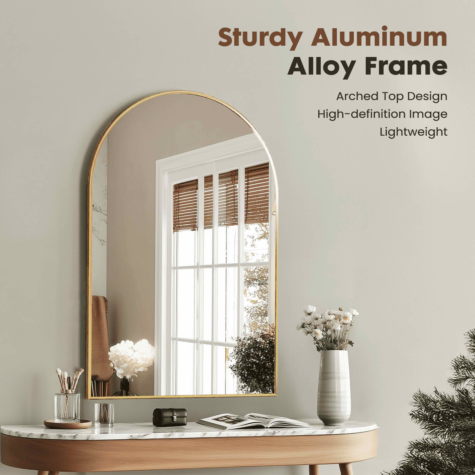 MAYEERTY 30"x20" Arched Bathroom Wall Mirror, Metal Frame, Bedroom Entryway Living Room，Gold
