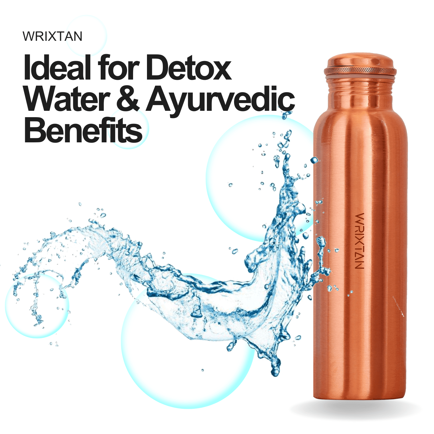 Wrixtan Plain Classic Copper Water Bottle, 1000ml (1 Liter) – Pure Copper, Leak-Proof Lid, Smooth Finish, Reusable & Durable for Daily Hydration
