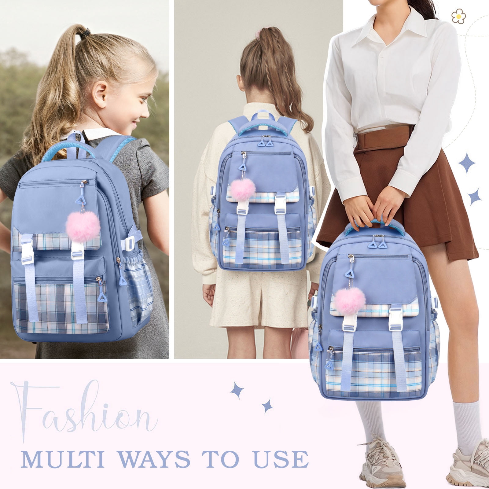 DAKIMOE Blue School Backpack for School, Travel, Work, Large Capacity Waterproof Bookbag with 7 Compartments and Luggage Belt