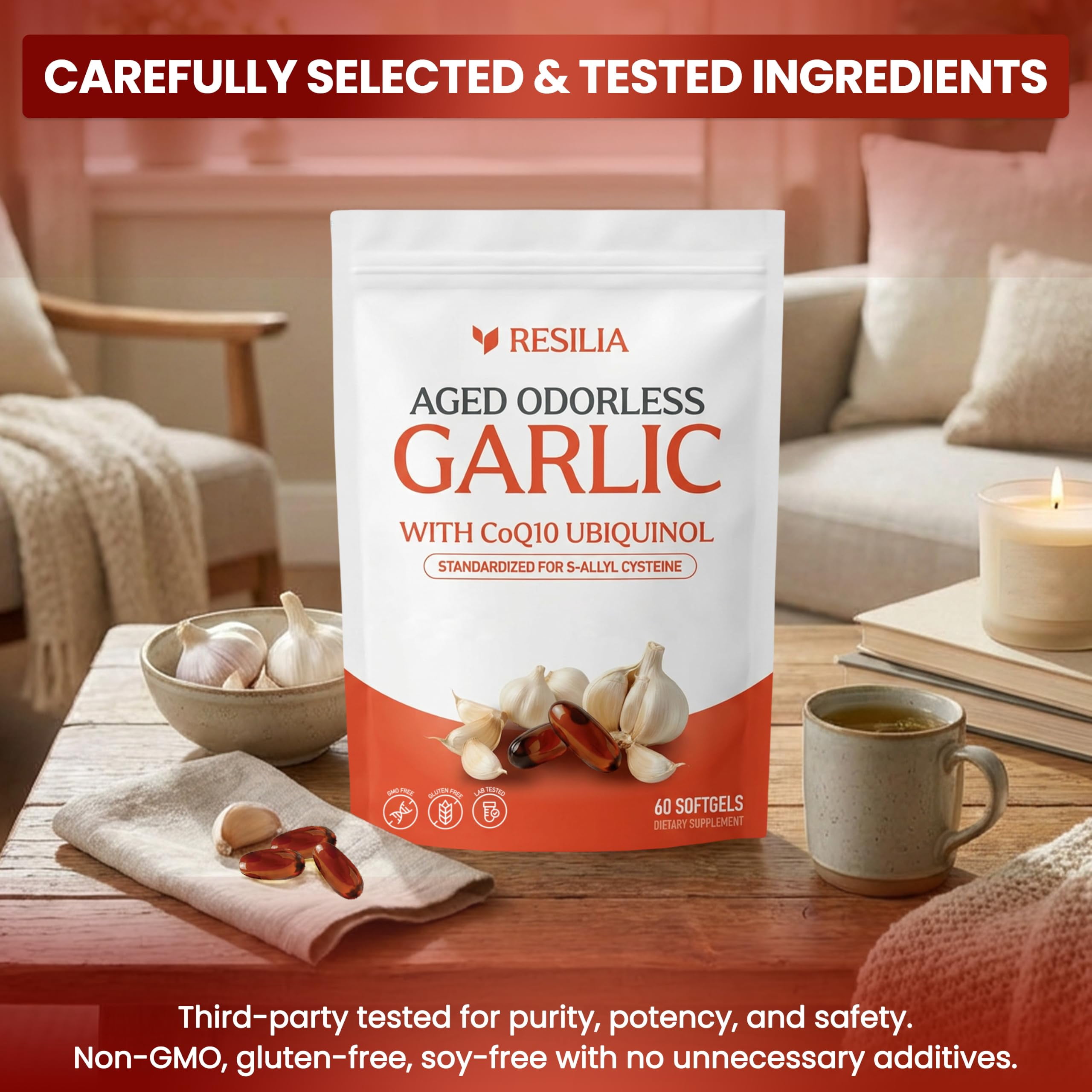 Resilia Odorless Aged Garlic Extract Softgels 600mg with CoQ10 Ubiquinol & Vitamin K2 MK-7, 60 Softgels