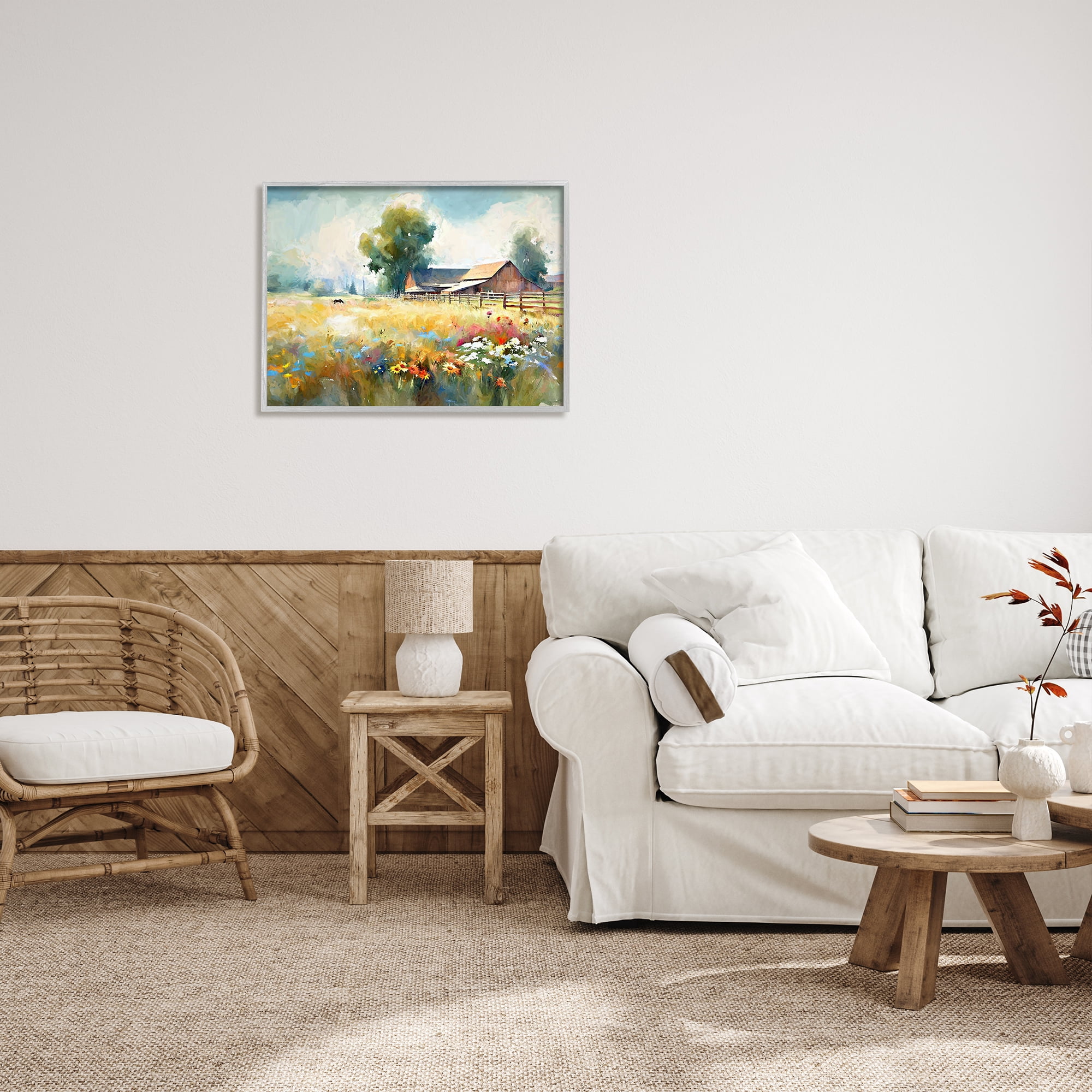 Stupell Industries Barn in Meadow Painting Landscape Painting Gray Framed Art Print Wall Art, 30 x 24
