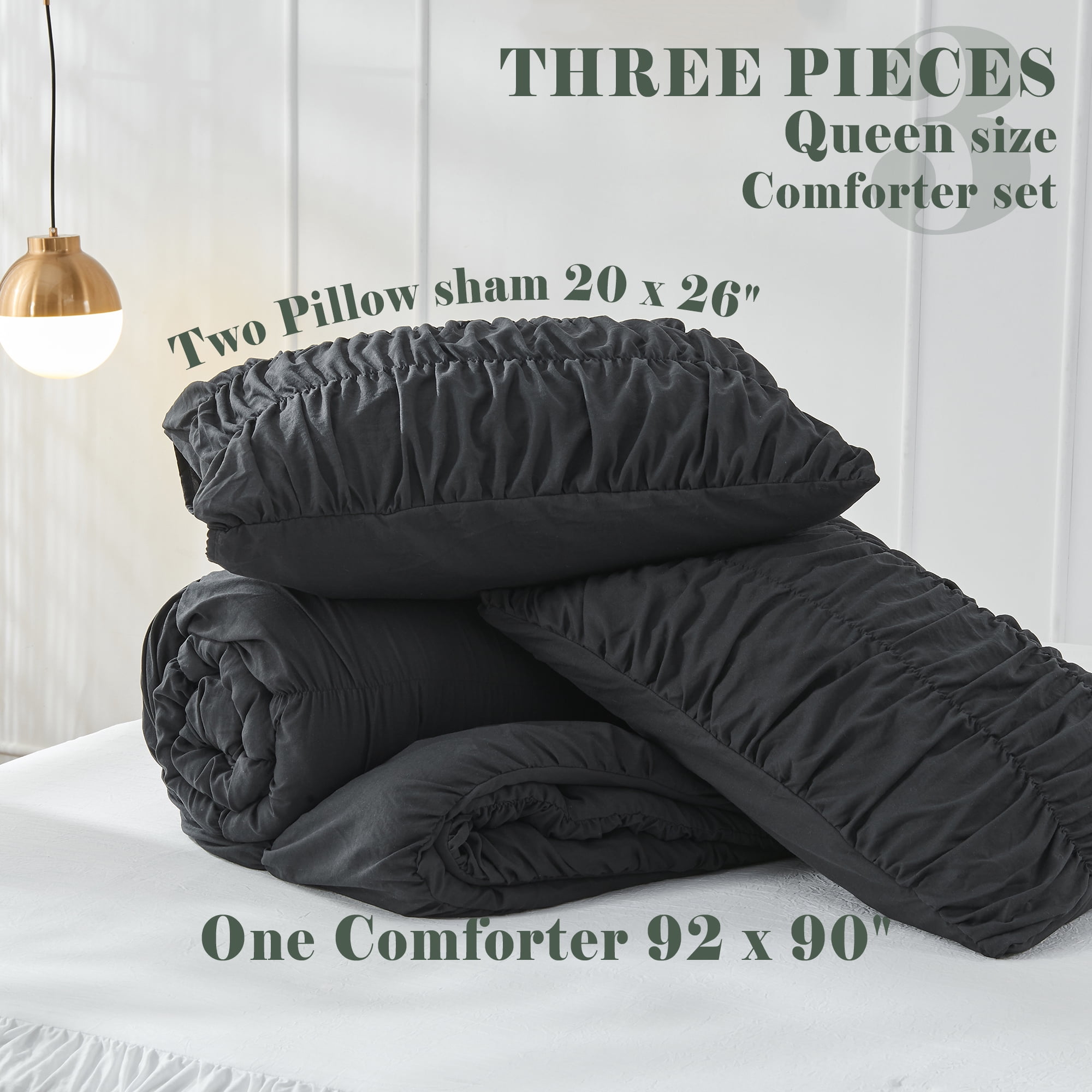 Bonlino Bedding Comforter Set Queen Bed - 3 Pieces Farmhouse Ruched Comforter Queen Size Bed Set Boho Shabby Chic Bedding for Bedroom, Fluffy Ruffle Comforter with 2 Pillow Shams (Black, Queen)