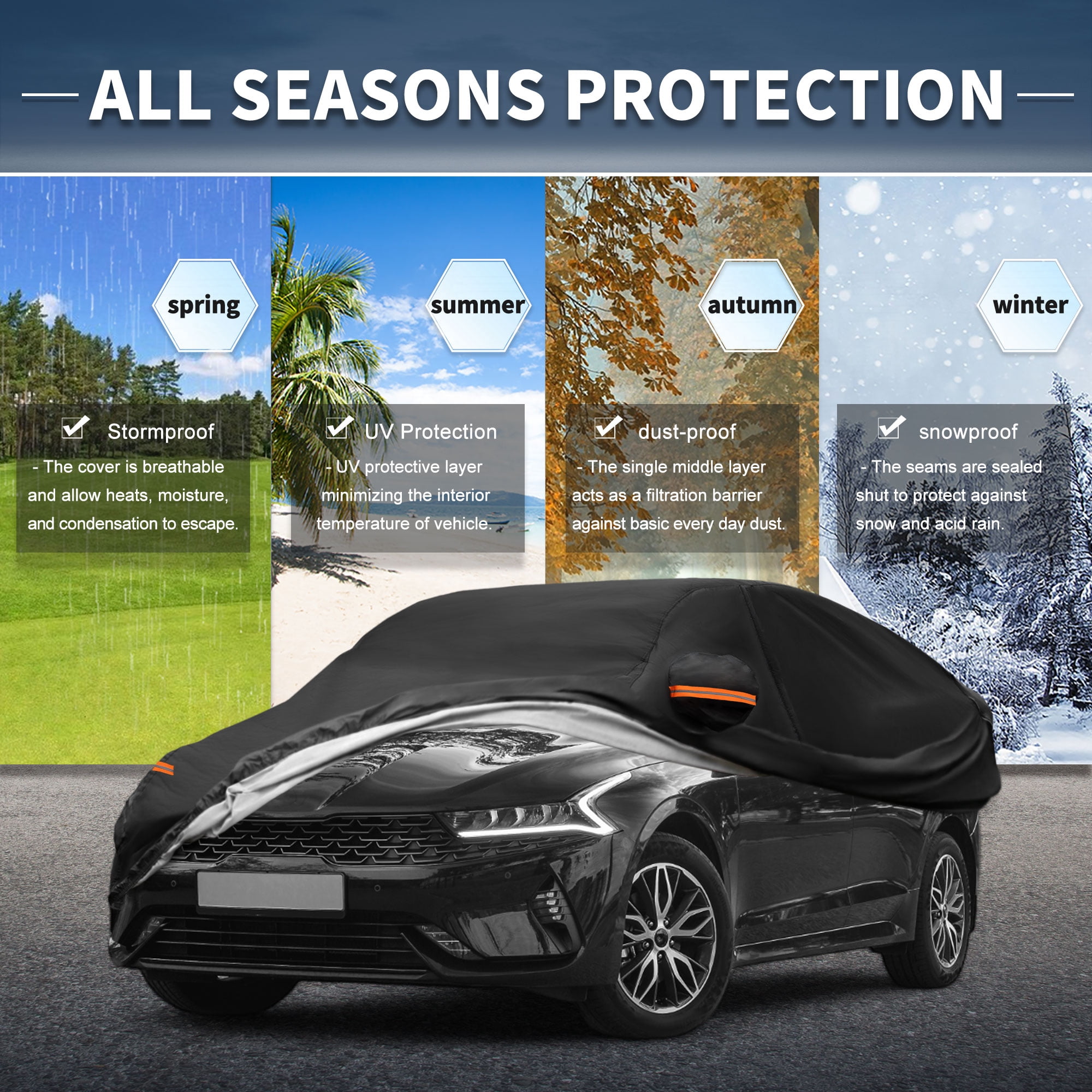 Unique Bargains Aluminum Film Outdoor Full Car Cover with Driver Door Zipper Black for Kia K5 196.85"x72.83"x51.18"
