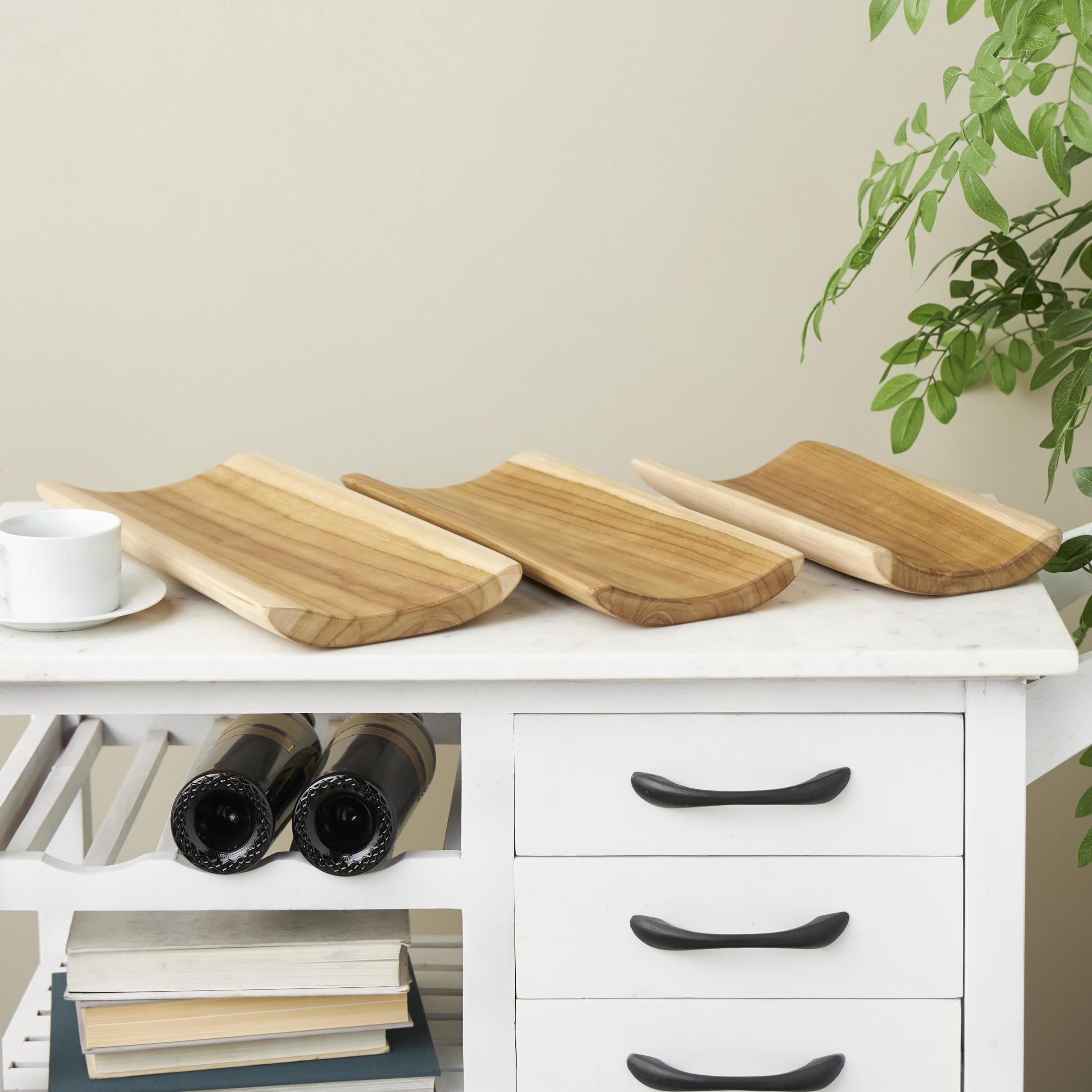 DecMode 18", 16", 14"W Brown Teak Wood Handmade Curved Tray, 3-Pieces