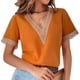 thumbnail image 1 of Camisa de mujer con cuello en V, manga corta, encaje guipur, blusa informal de poliéster para oficina en casa, 1 of 6