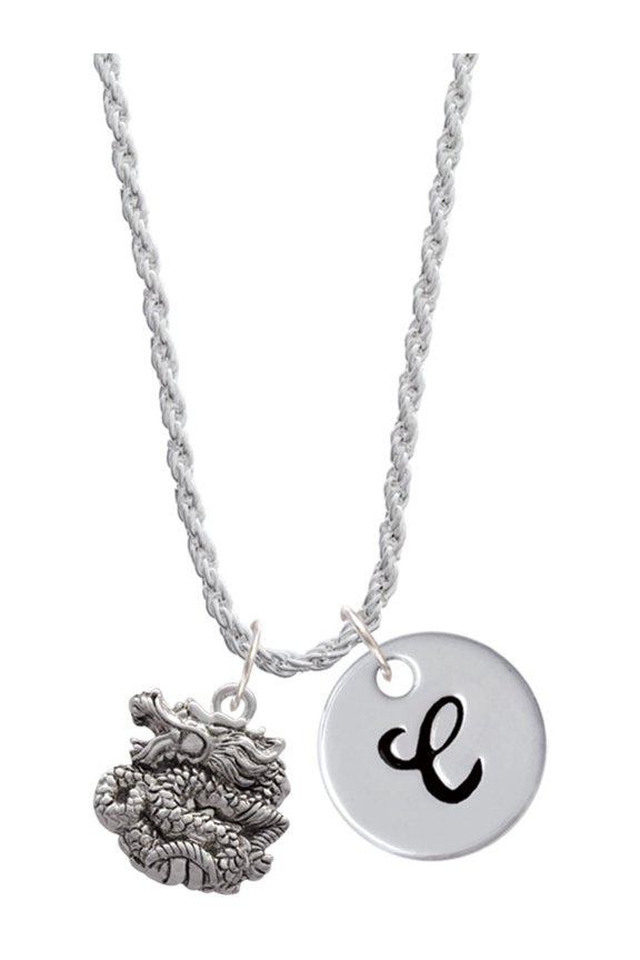 Silvertone Chinese Dragon Silvertone Script Initial Disc - C - Charm Necklace, 20"+3"