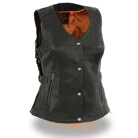 - Milwaukee Leather Womens Snap Front Black Leather Vest with Fringe Detailing