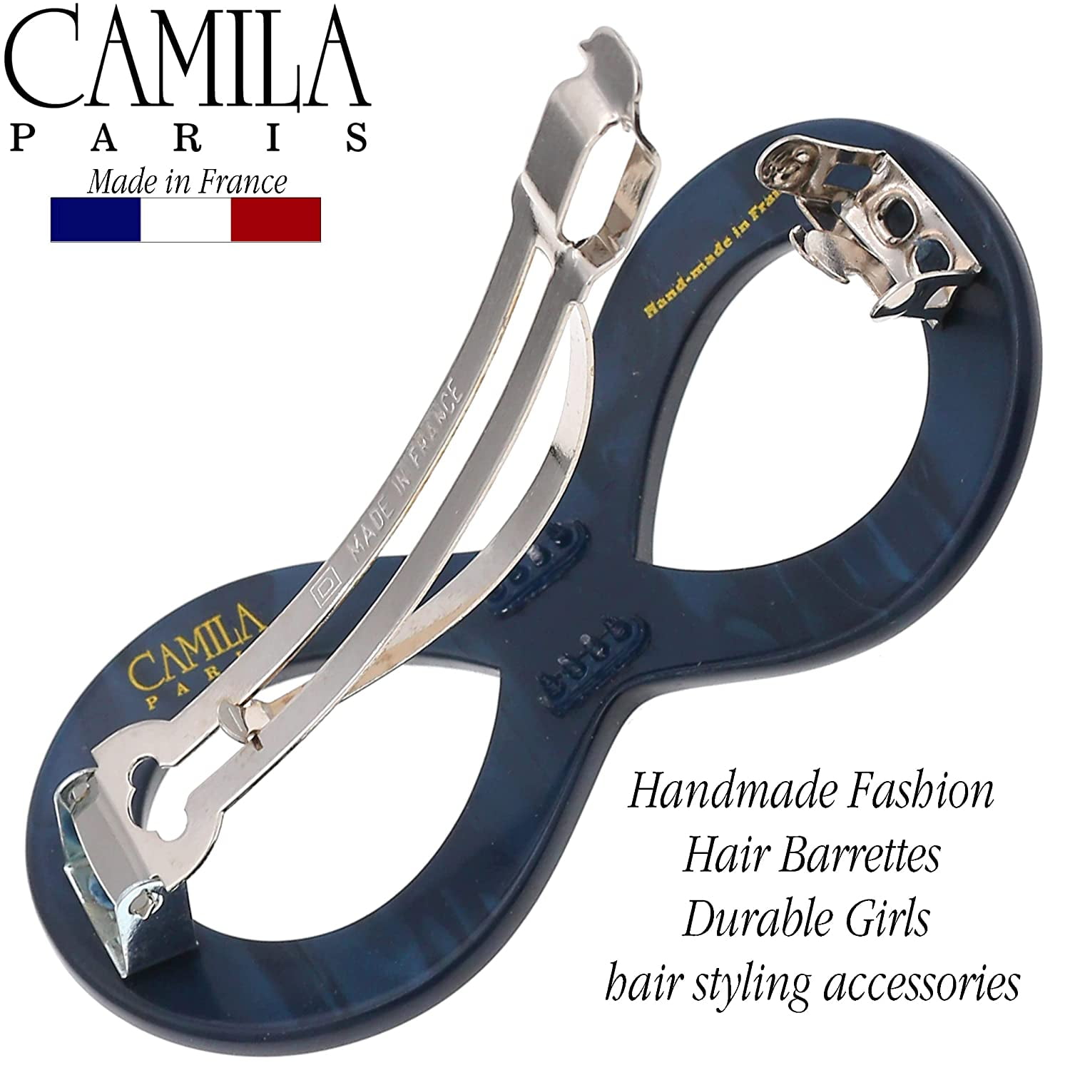 Camila Paris CP3275 French Hair Barrette Clip for Girls, Handmade, Blue, Strong Hold Grip Hair Clips for Women, No Slip and Durable Styling Girls Hair Accessories, Made in France