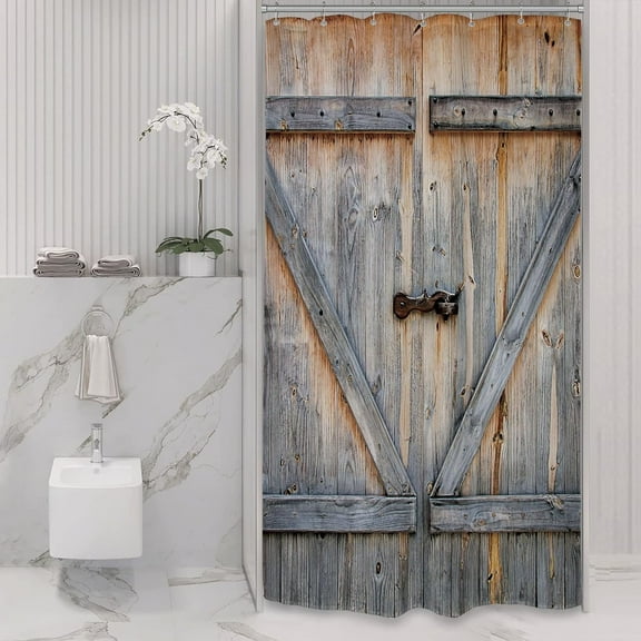 Rustic Small Barn Door Shower Curtain 36Wx72H Outdoor Stall 36 Inch Shower Curtain Western Wood Plank Country Old Garage Barnwood Decor Fabric Polyester Waterproof 7 Pack Plastic Hooks