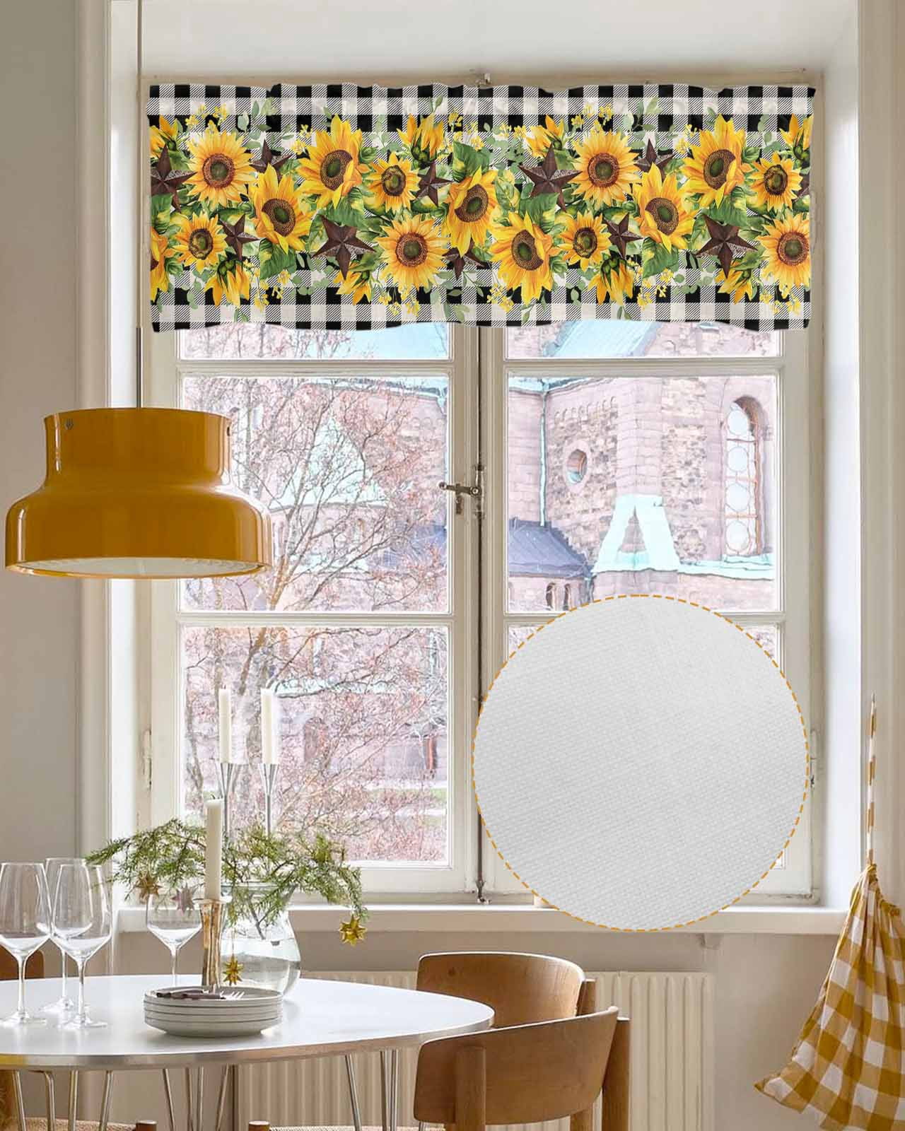 Sunflower Kitchen Valances for Windows Farmhouse Linen Window Valance Curtain for Living Room Window Treatment Rustic Brown Country Star Black Checkered Valance Rod Pocket Topper Drape, 42 x 12 Inch