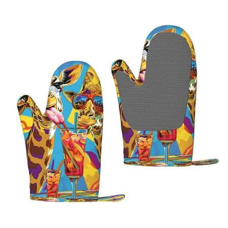 

Junzan Colorful Giraffes with Drinks for Oven Mitts 2 Piece Set BBQ Gloves Grilling Gloves Heat Resistant Oven Gloves Kitchen Silicone Oven Mitts for Barbecue/Cooking/Baking