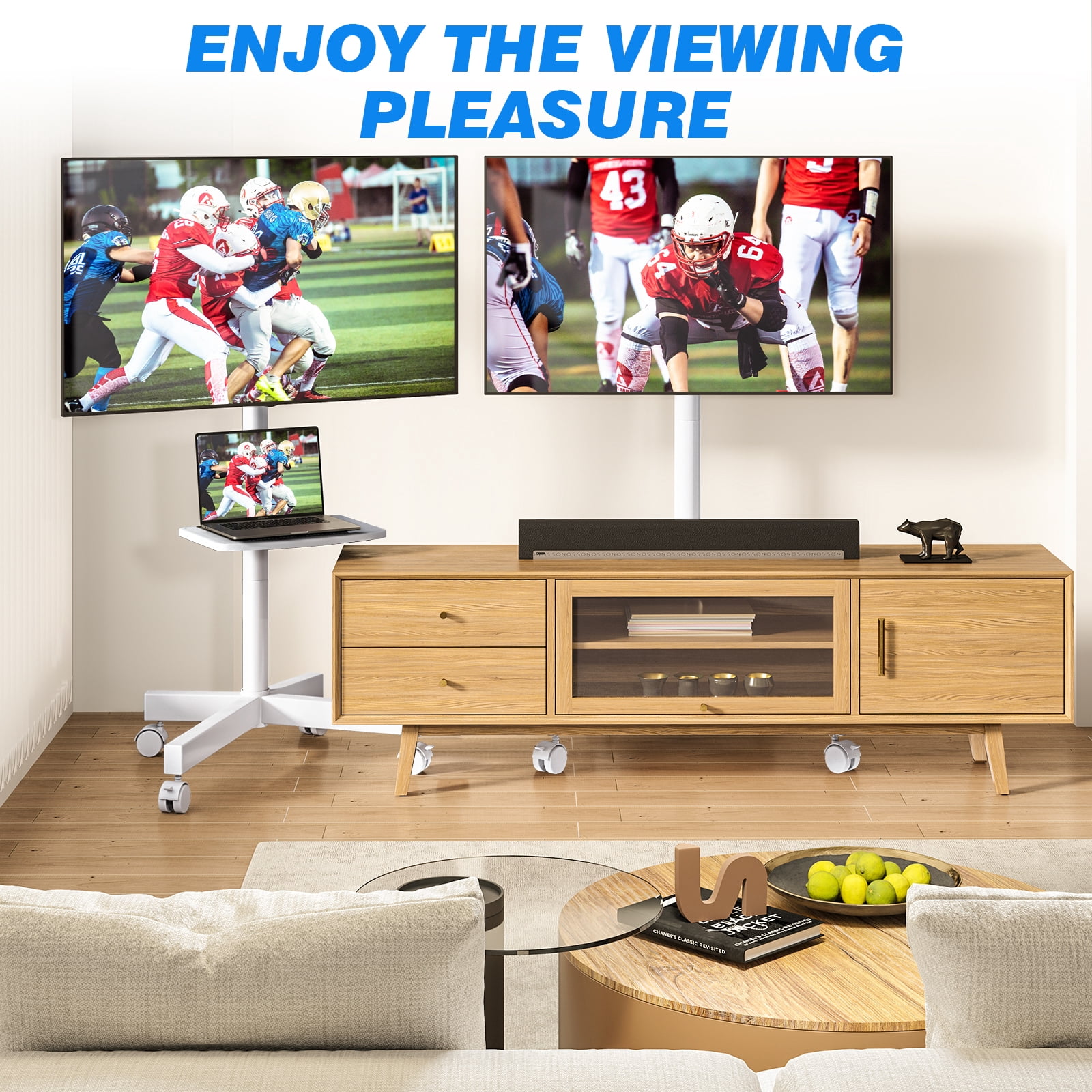 RTVR Modern Rolling TV Stand on Wheels with Shelf for 23 to 55 60 inch Flat Screens, Mobile TV Cart Stand, White