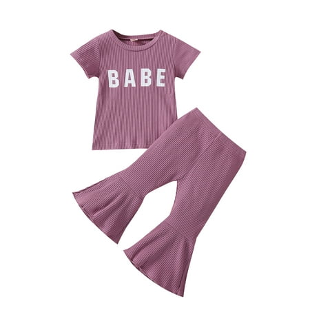 

Girls Round Neck Rib Letter Short Sleeve Shirt Elastic Waist Matching Flared Pants Set