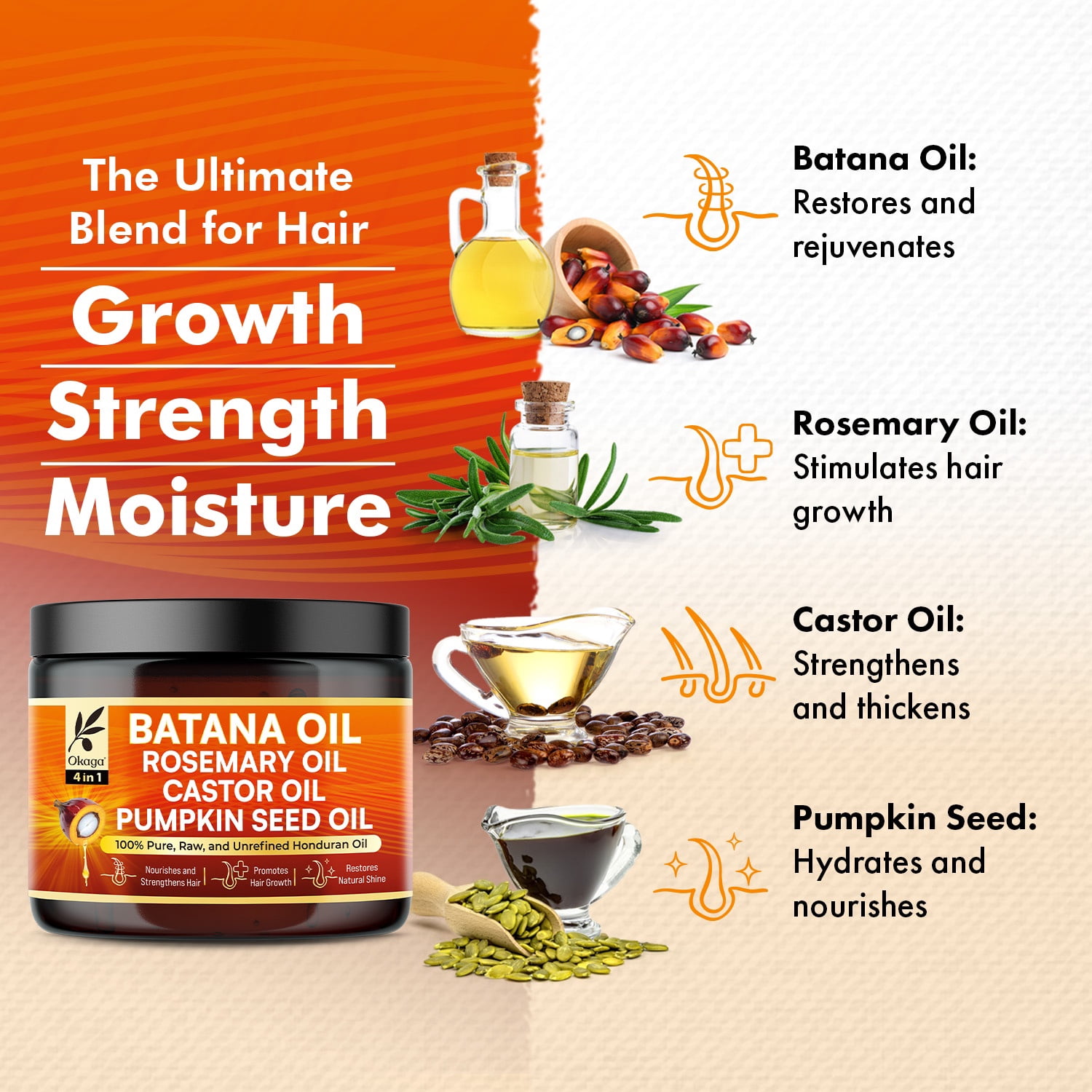 Okaga Batana Oil for Hair Growth, All-in-One Blend with Batana, Rosemary, Castor & Pumpkin Seed Oils, Pure & Unrefined, Softens, Smooths, Strengthens, Adds Shine, Clean Beauty for All Hair Types