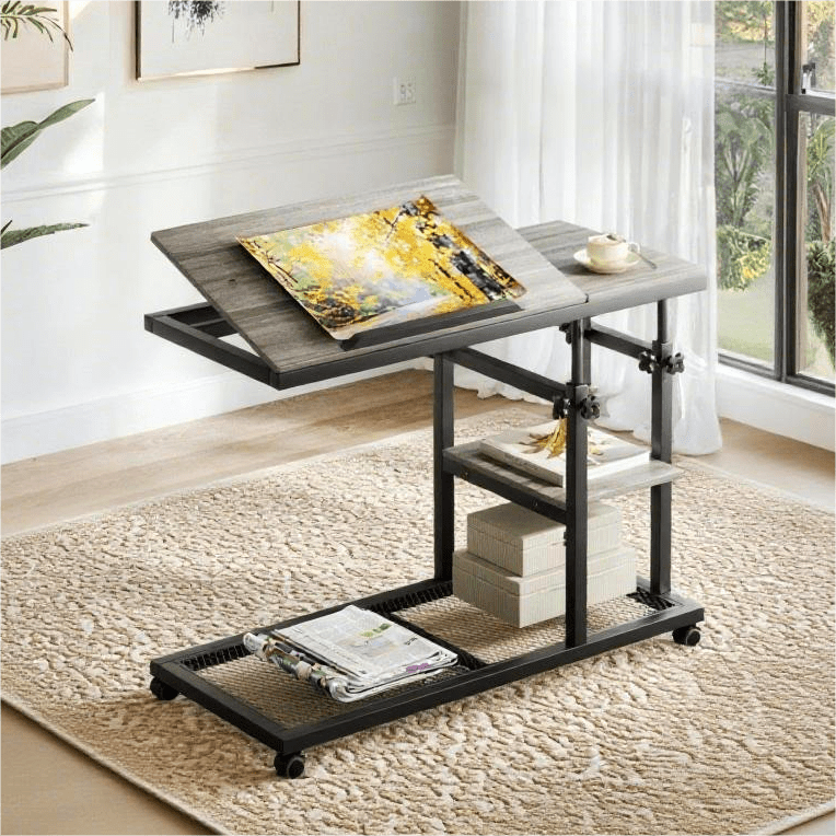 Fnova Mobile Side Table with Wheels, Snack Tray, Height-Adjustable C-Shape Desk, Tiltable Drawing Board, Laptop Stand, Storage Shelves for Living Room, Bedside Table for Couch