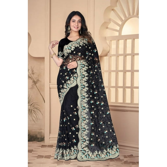 Designer Black Resham Embroidery Work Net Saree