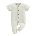 thumbnail image 4 of Toddler One Piece Jumpsuit Short Sleeve Button Down Pockets Onesies Waffle Comfy Soft Newborn Outfits (18-24 Months, White), 4 of 7