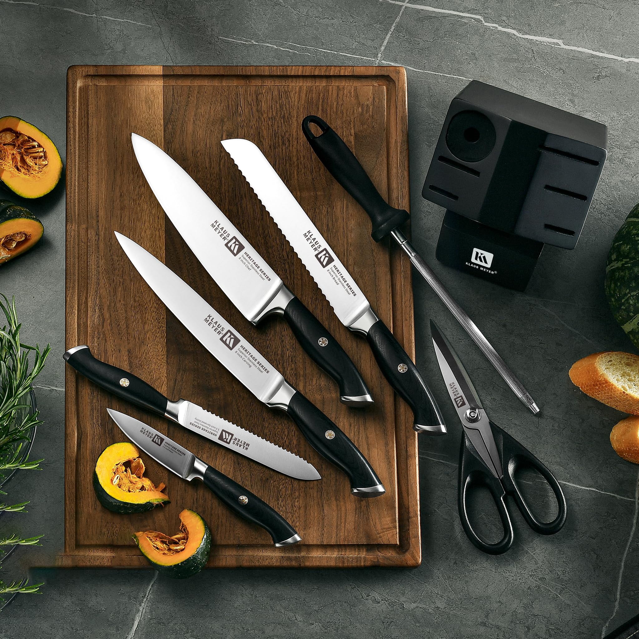 Klaus Meyer 8-Piece Kitchen Knife Set, German High Carbon Steel Pakka Wood Handle Chef Knife Set With Block, Ultra Sharp With Scissors, Sharpener Rod.