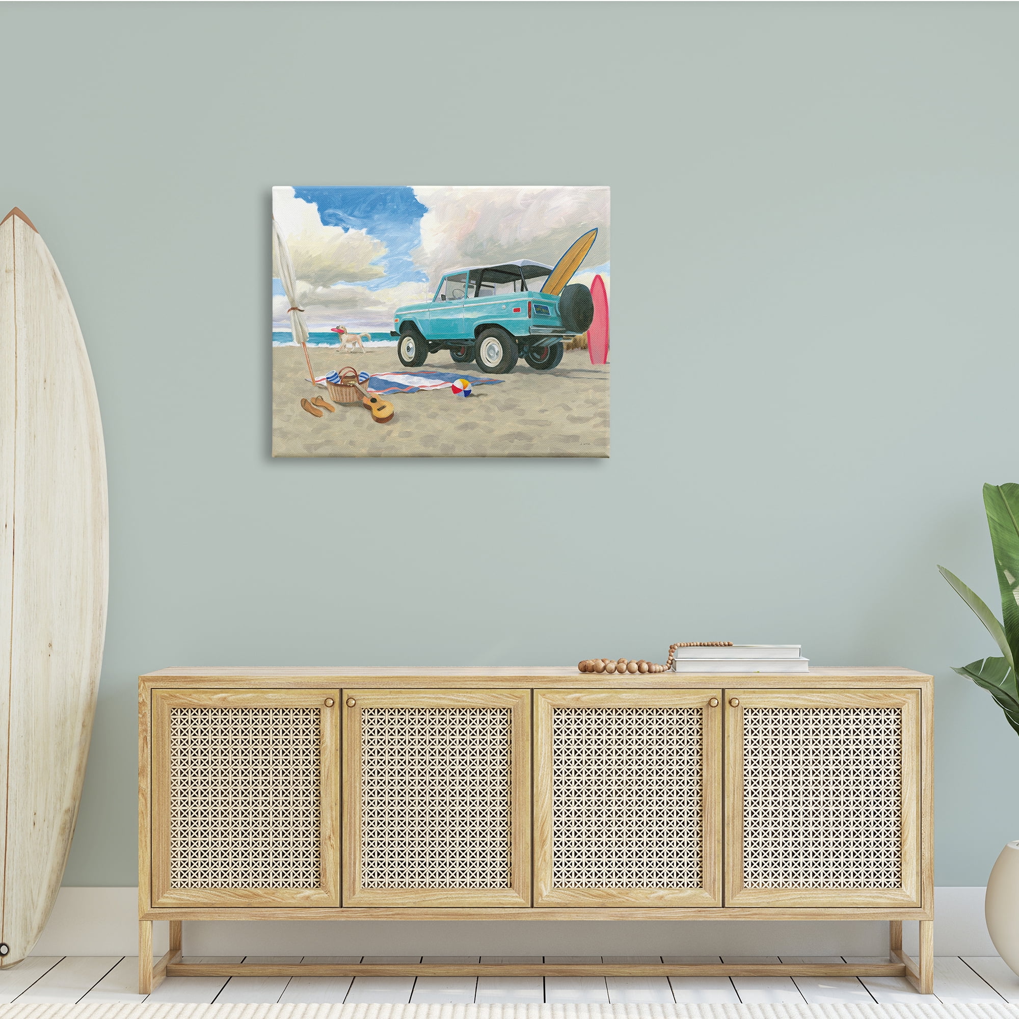 Summer Sandy Beach Cruiser Surfboard Coastal Dog 40 in x 30 in Painting Canvas Art Print, by Stupell Home Décor