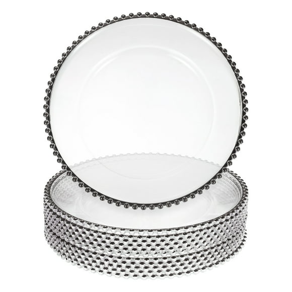Uxcell 12 Pcs Assiettes de Charge Transparentes en Vrac, Assiettes de Charge Rondes en Plastique de 13 Pouces avec Garniture de Perles Assiette de Souper Dessert pour Décoration de Mise de Table d'Événement de Mariage Fête, Noir