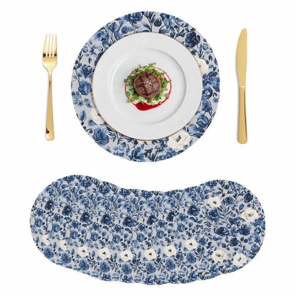 Navy Blue White Peony Round 13 Inch Placemats Set of 8, Vintage Floral Blossom HeatResistant Non Slip Place Mats for Dining Table, Wipeable Braided Kitchen Table Mats for Housewarming