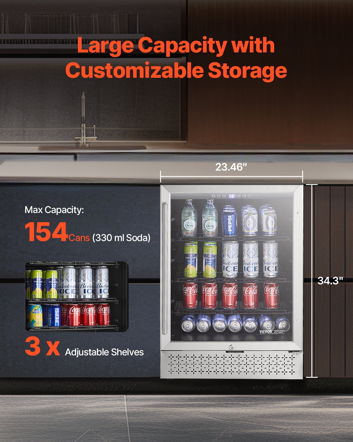 VEVOR Beverage Refrigerator Cooler,154 Can Beverage Fridge, Mini Fridge with Glass Door, Adjustable Shelves,Digital Temperature Control,Built-in & Freestanding Soda Beer Fridge for Home Office Bar